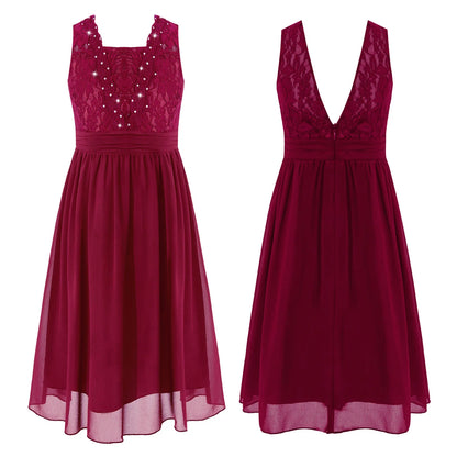 Girls Sheer Floral Lace Chiffon Party Dress Bridesmaid Clothing Sleeveless Backless Pleated Princess Dress for Wedding Birthday