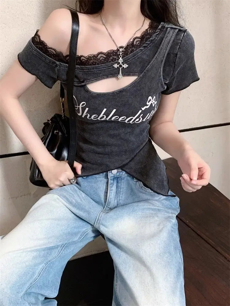 Onalippa 2026 Korean Design Niche Sweet Spicy Girl Lace Edge Hollow Out Vintage Short Sleeved T-shirt Summer Letter Printed Top