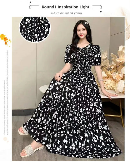 Summer New Cotton Silk Dr Casual High Waist Floral Print Beachwear Outerwear Slimming Waist Long Skirt A-Line Gown