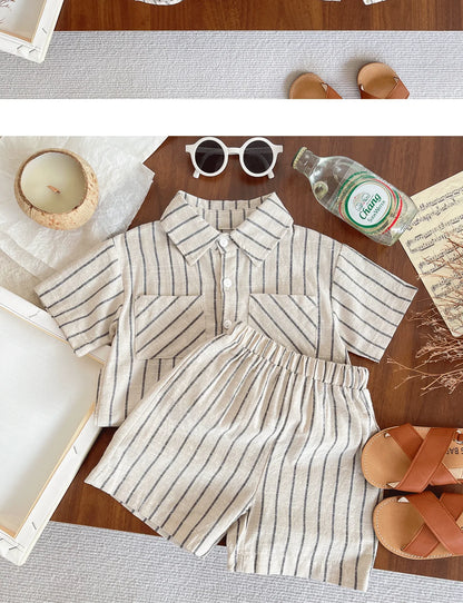 Set Children Unisex Summer New Style Cotton Stripe Pocket Shirt Polo Collar Shourts Fashion Casual Brief Versatile Korean