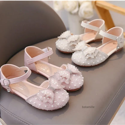Spring and Summer Girls' Princess Shoes Sandals Flat  Kids Dresses Shoes Pearl  for Kids and Teens