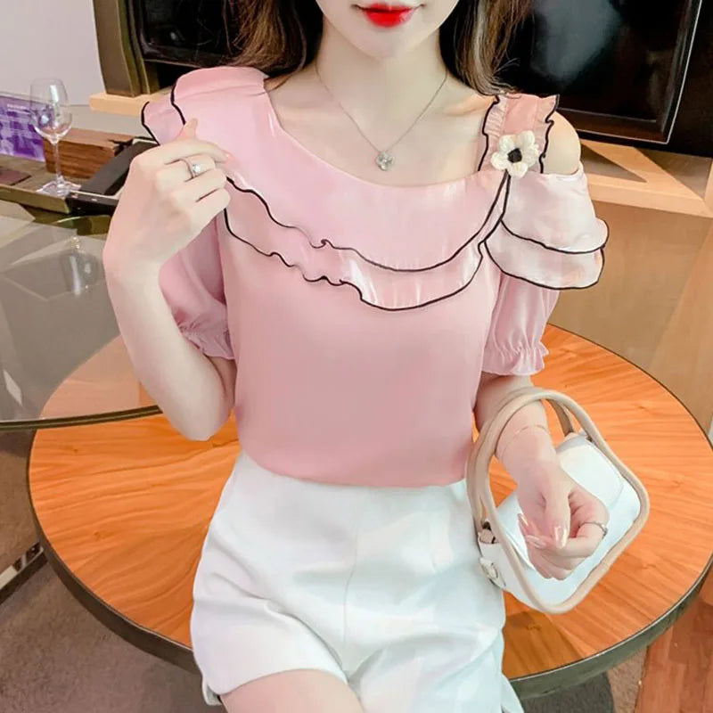 Sweet Slash Neck Off Shoulder Ruffles Blouses Female Clothing 2025 Summer New Loose Solid Color Korean Tops Puff Sleeve Shirts