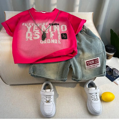 Hot Sale Fashion Baby Boy Suit Summer Clothes Short Sleeve T-shirt Short Jeans 2 Piece Set Kids Outfit Children's Costume
