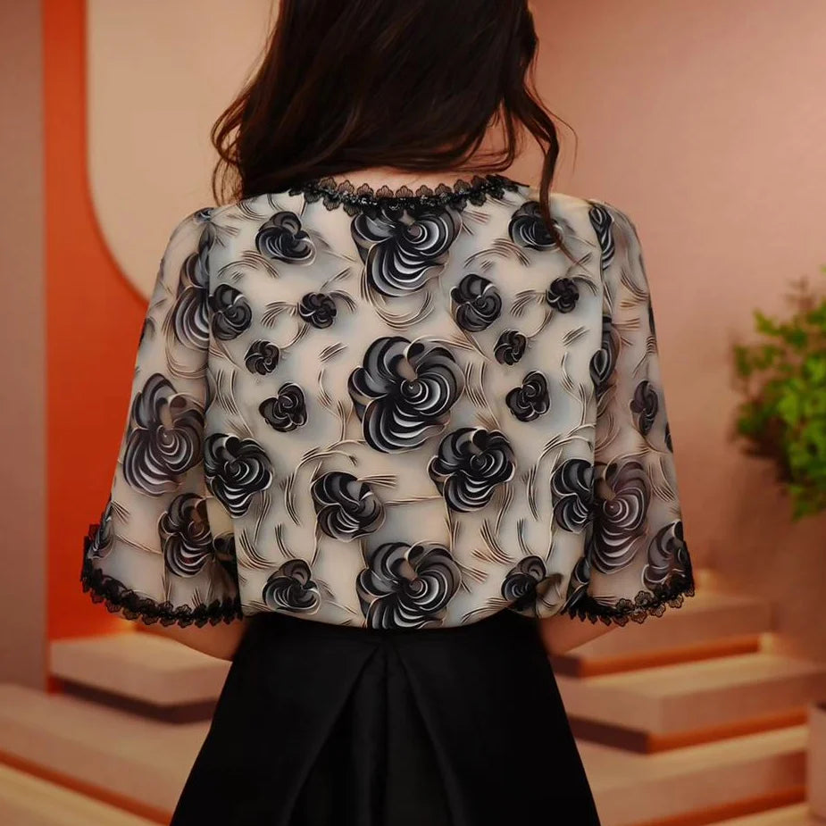 Fashionable and Age-reducing Printed Design Versatile Shirt 2025 Summer New Loose Slimming Western Style Lace Versatile Top