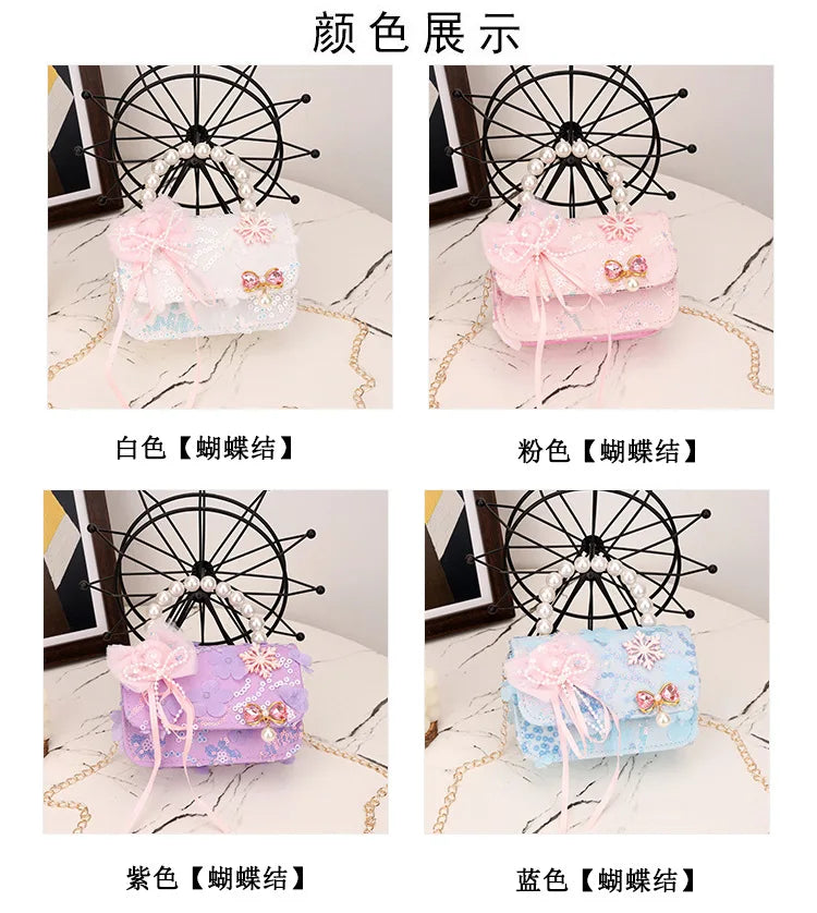 Cute Sequin Bow Kids Mini Square Shoulder Bags Versatile Children Chain Crossbody Bag Lace Girls Pearl Handbags Clutch Purse (Available)