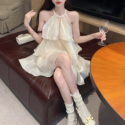 Woman Dress Elegant Sweet Sleeveless Ruffles Mesh Loose Summer New Cake Mini Dresses Solid Sexy Female Casual Fairy 2026