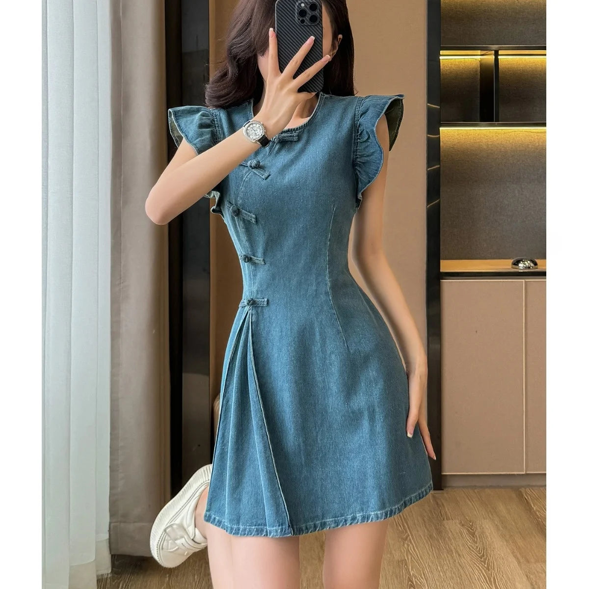 Women's ort Denim Dr A-Line Waist Cinching round Ne Button Sle High Waist Slimming Spring Summer Cotton Blend