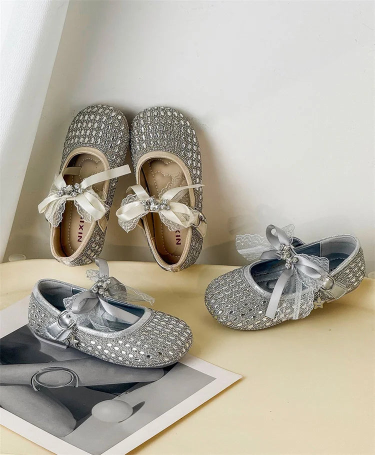 Children Shoes For Girls Leather Bow Rhinestone Princess Shoes Soft Sole Outdoor Fashion Kids Sneakers EU 26-33