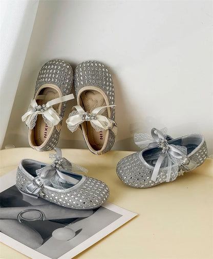 Children Shoes For Girls Leather Bow Rhinestone Princess Shoes Soft Sole Outdoor Fashion Kids Sneakers EU 26-33