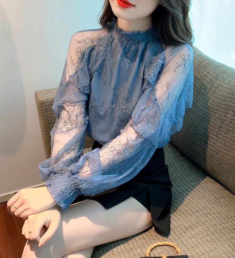 Chiffon Women's Shirt and Blouse Lace Flowers Luxury Designer Youthful Woman Clothes Vintage Clothing Female Tops Trend 2025 New