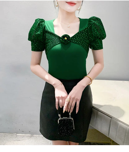 Women's Chic Youthful Square Neck Puff Sleeve T-Shirt Shimmery Floral Summer Blouse  Slim Fit Trendy Top