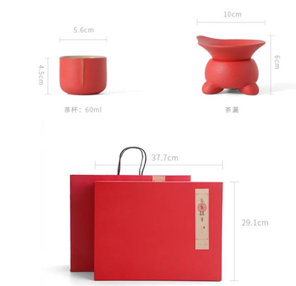 Traditional Chinese Tea Set, Porcelain Teapot, Stainless Steel, Tea Strainer, Cup, Bride and Groom Gifts, Traditional Red, Wed
