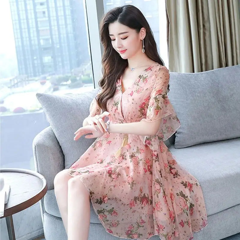 Chiffon Floral V-neck Ruffle Woman Dress Promotion Elegant and Pretty Korean Style Fashion Summer 2025 Chic Dresses for Women