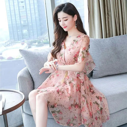 Chiffon Floral V-neck Ruffle Woman Dress Promotion Elegant and Pretty Korean Style Fashion Summer 2025 Chic Dresses for Women