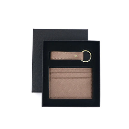 Customized name 1 set of pure color PU leather universal ultra-thin credit card wallet and PU leather keychain gift box set