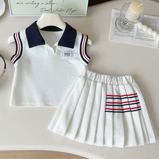 Baby Girl College Style Summer 2PCS Clothes Set Polo Collar Kid Girl Vest Top Set Thin Stylish Stripe Pleated Skirt Belle Outfit
