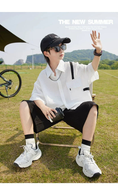 New Children Summer Thin Short Sleeved Shirt Shorts Two Piece Set Children Stylish Clothing Trend