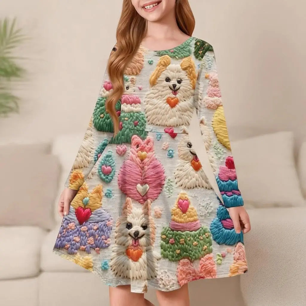Girl Spring Summer Cozy Dress Exquisite Colorful Pattern Printed Comfortable Dress Girl Daily Casual Long Sleeve A Line Dress