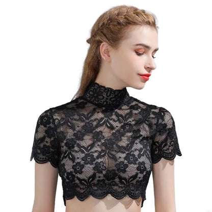 T5UF Women Turtleneck Detachable Collar Elegant Floral Lace Short Sleeve Half Blouse Shirt Pullover Lining Dickey Crop Top
