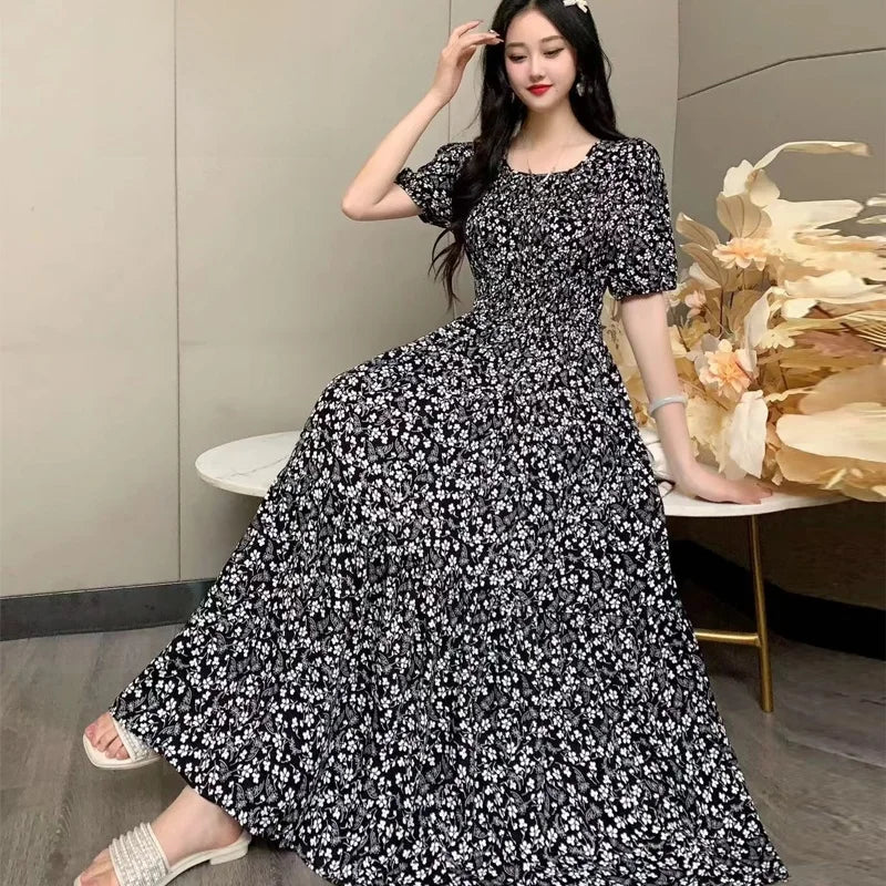 Summer New Cotton Silk Dr Casual High Waist Floral Print Beachwear Outerwear Slimming Waist Long Skirt A-Line Gown