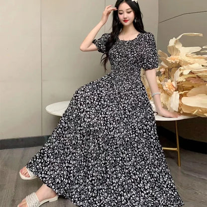 Summer New Cotton Silk Dr Casual High Waist Floral Print Beachwear Outerwear Slimming Waist Long Skirt A-Line Gown