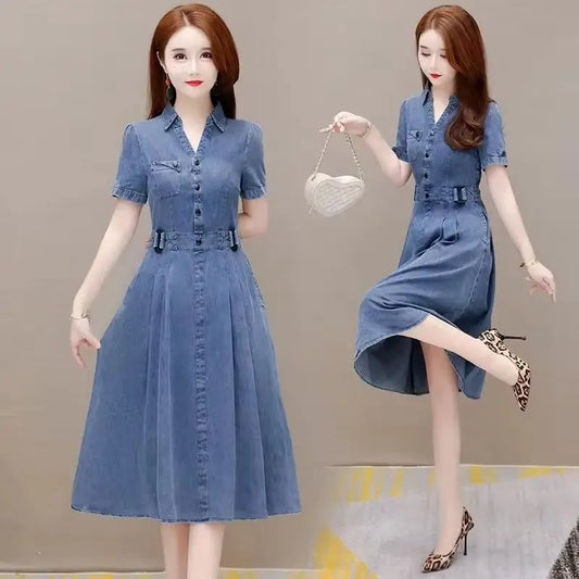 2026 Korean Summer New Denim Dress Women Temperament  Short Sleeved Fashion Slim All-match Casual Dress Female Vestidos