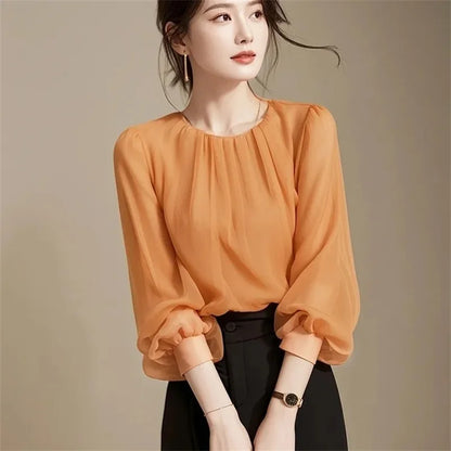Autumn Winter Ladies Solid Color Blouse Jacket 2025 Female Long Sleeves Tops Coat Korean Women Fashion Round Neck Chiffon Shirt