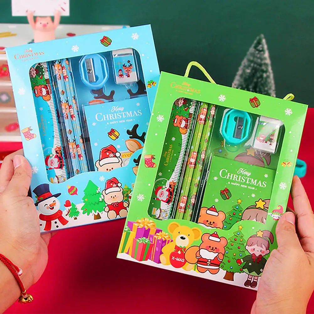 6Pcs/set Christmas Stationery Set Xmas Pattern Pencil Sharpener Erasers Children Pencils Gift Kawaii School Stationery Supplies
