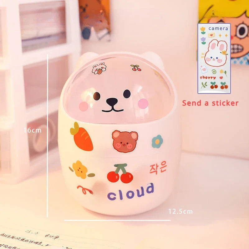Mini Desktop Trash Can Organizer Cute Bear Multifunction Creative Cosmetic Bucket with Lid Pen Holder Kawaii Stickers Patchers