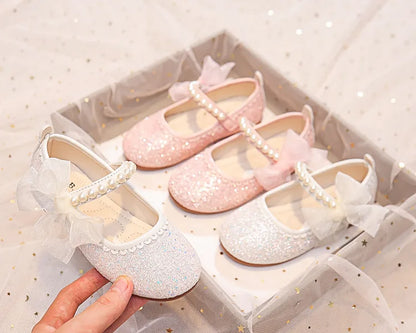 Girls Oxfords Bling Shoes Spring Autumn Kids School Dancing Shoes Pearl Beadings Big Girls Soft PU Leather Shoes Pink, Beige