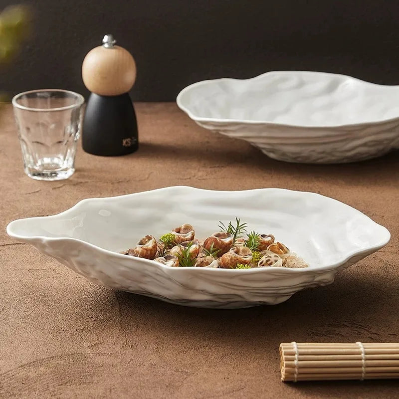 Pure White Oyster Bowl Plate Irregular Ceramic Bowl Shaped Salad Fruit Bowl Main Course Decorative Plate Household Tableware
