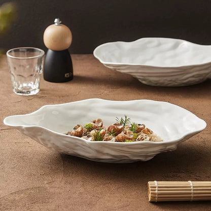Pure White Oyster Bowl Plate Irregular Ceramic Bowl Shaped Salad Fruit Bowl Main Course Decorative Plate Household Tableware