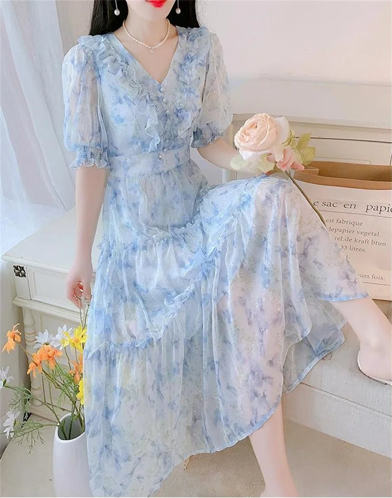 Boho Dress Women Floral Print Wrap Long Holiday Dress Ruffles Female Casual V-Neck Beach A Line Beach Dress Party Vestidos
