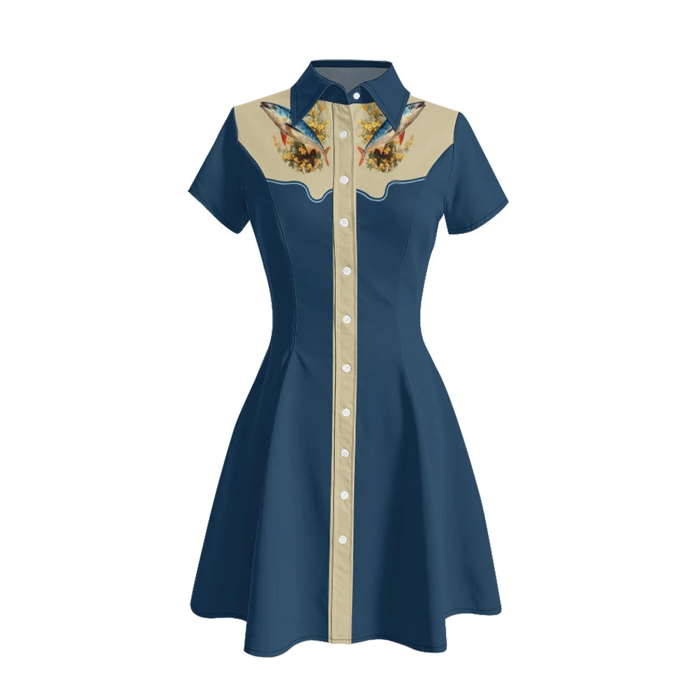 Women's Western Shirt Dress with Music Notes and Dolphin Print Cowboy Collar Button Up Pure Cotton Midi Dress Casual Boho Style