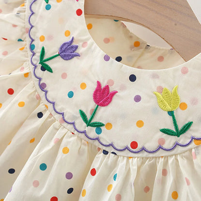 Summer New Girl'S Dress With Small Flying Sleeves Tulip Embroidery Dotted Print Sweet Princess Dress Light And Thin Style (0-3 Y