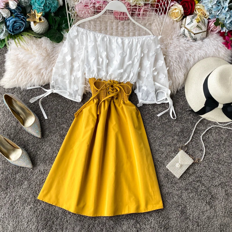 Summer Women's Dress Sexy Off Shoulder Patchwork Party Flower Chiffon Waist Lace Up Beach Short Dresses