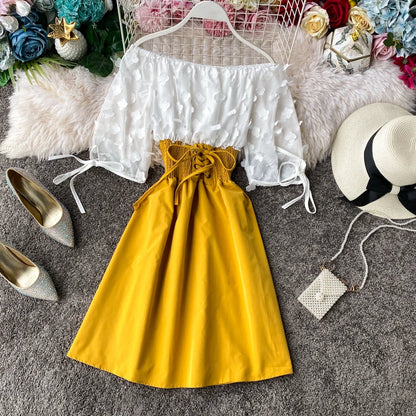 Summer Women's Dress Sexy Off Shoulder Patchwork Party Flower Chiffon Waist Lace Up Beach Short Dresses