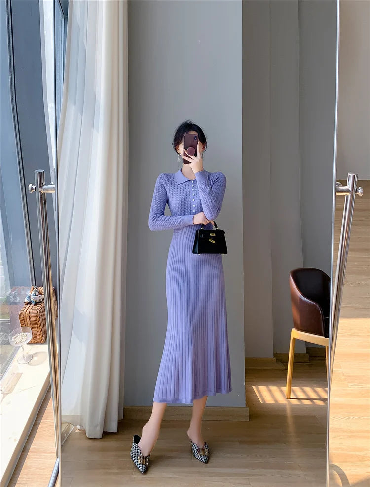 Sweater Dress Women New 2025 Autumn Winter Purple White Or Black High Waist A Line Dress Elegant Long Knitted Dress