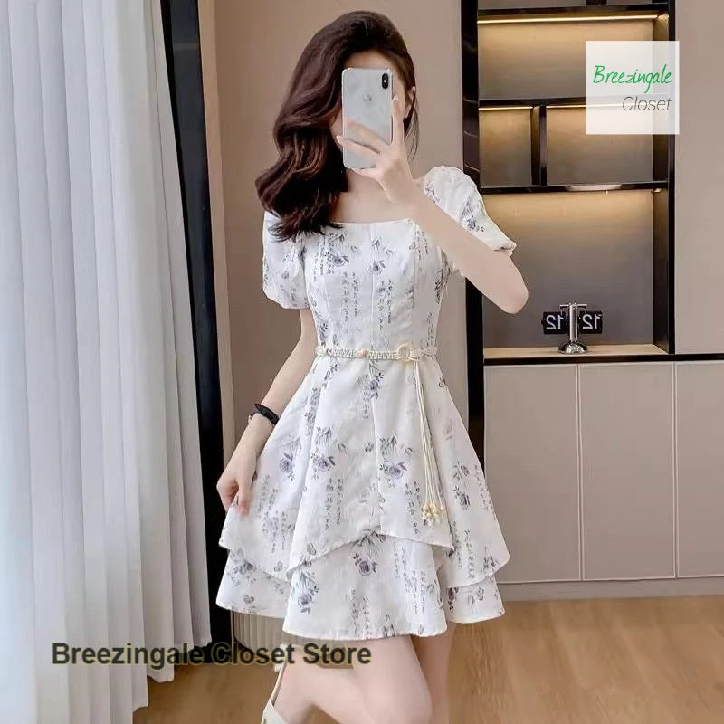 Summer new ink-and-wash square collar dress female new Chinese casual bubble short-sleeved fairy skirt retro waist A-line skirt
