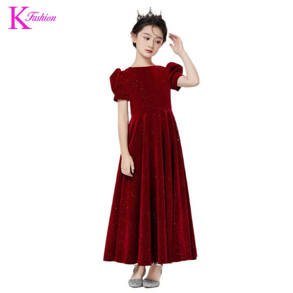 Kids Party Dress Clothing For Birthday Princess  Wine Red Piano Wedding Flower Girl 5-17 Years Old  Host Children's Formal Dress