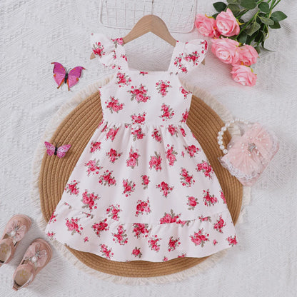 Girls' spring and summer new style sweet floral dress with flying sleeves
