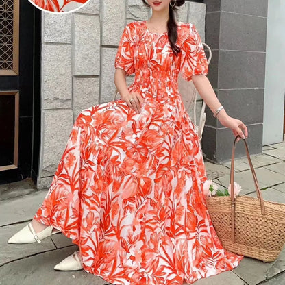 Summer New Cotton Silk Dr Casual High Waist Floral Print Beachwear Outerwear Slimming Waist Long Skirt A-Line Gown