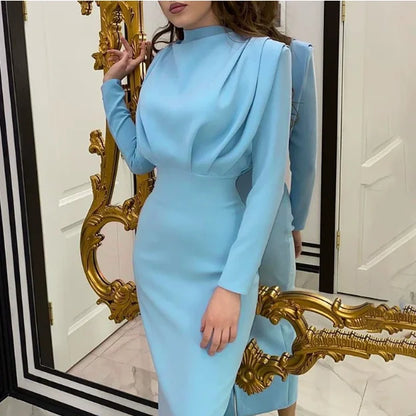 Women's Spring New Dresses with European and American Temperament, Waist Wrapped Solid Color Long Skirt, Long Sleeves, Round Nec