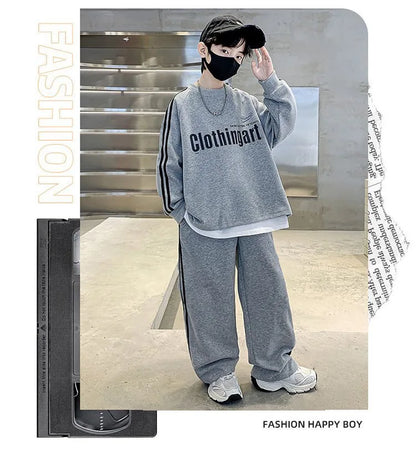 Teenager boys Suit autumn winter Cloth letter striped sweatshirt hooded + wide leg Pants tracksuit 5 8 10 12 Year Child set