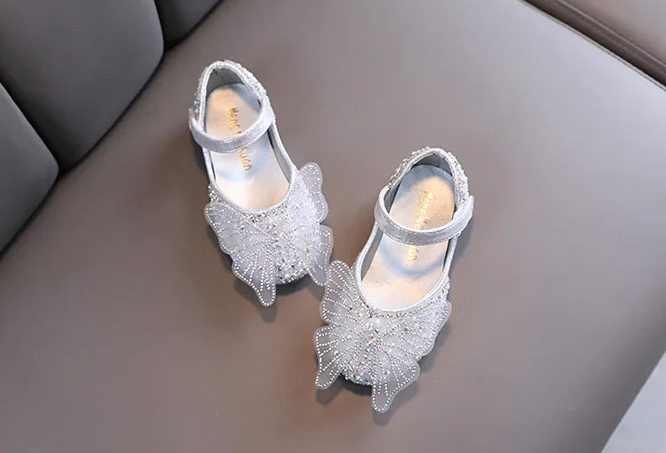 Girls Leather Shoes Children's Lace Butterfly Rhinestone Pearls Beading Performance Single Shoes Fashion Weeding Kids Shoes