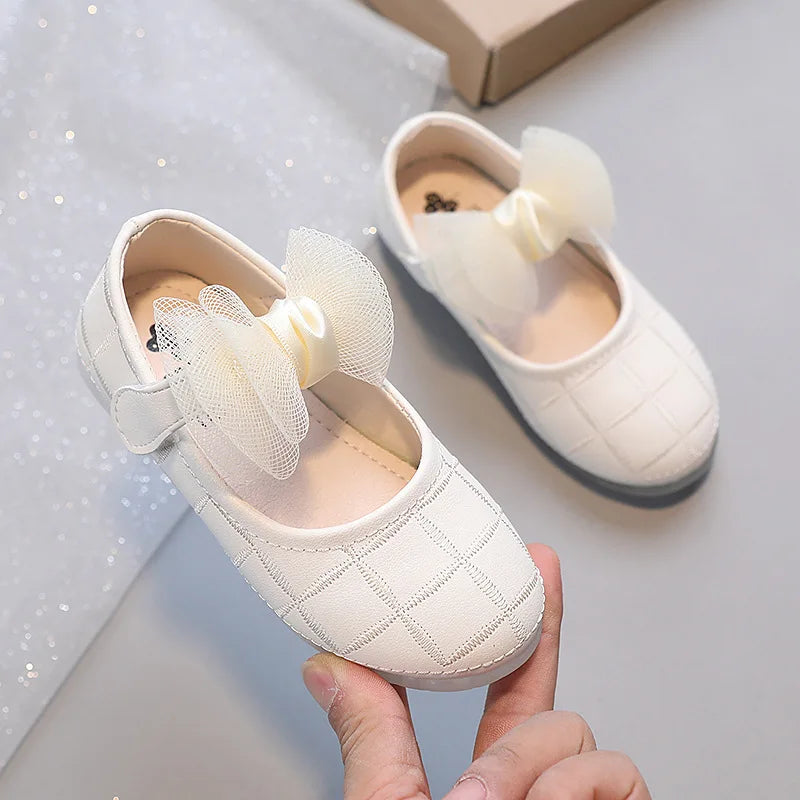 Korean Style Kids Solid Color Embroidered Leather Shoes Girls Big Bow Mesh Flower Princess Flat Dance Shoes