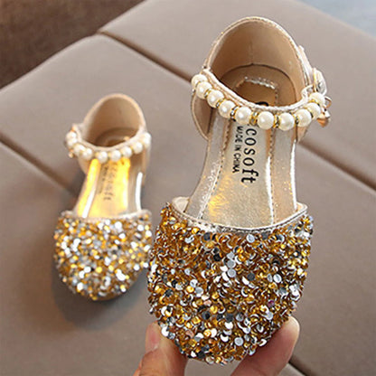 Summer Autumn Toddlers Princess Shoes, Sweet Style Little Girls Sequins Faux Pearl Decoration Sandals without Instep