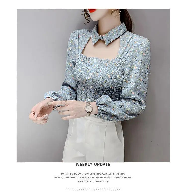 2025 Floral Chiffon Shirt New Spring Summer Women Collect Waist Hollow Out Tops Vintage Blouse Women Longsleeve Short Shirt 3XL