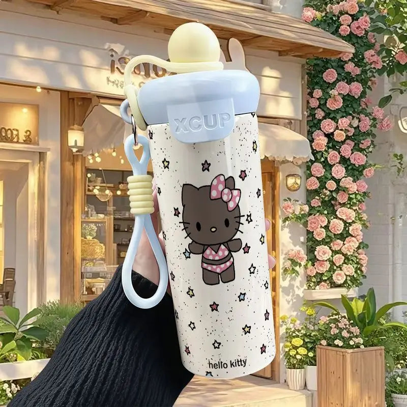 600ml Sanrio Hello Kitty Vacuum Thermos Cup SS316 Insulated Coffee Mug with Lifting Rope Portable Outdoor Drinking Water Kettle