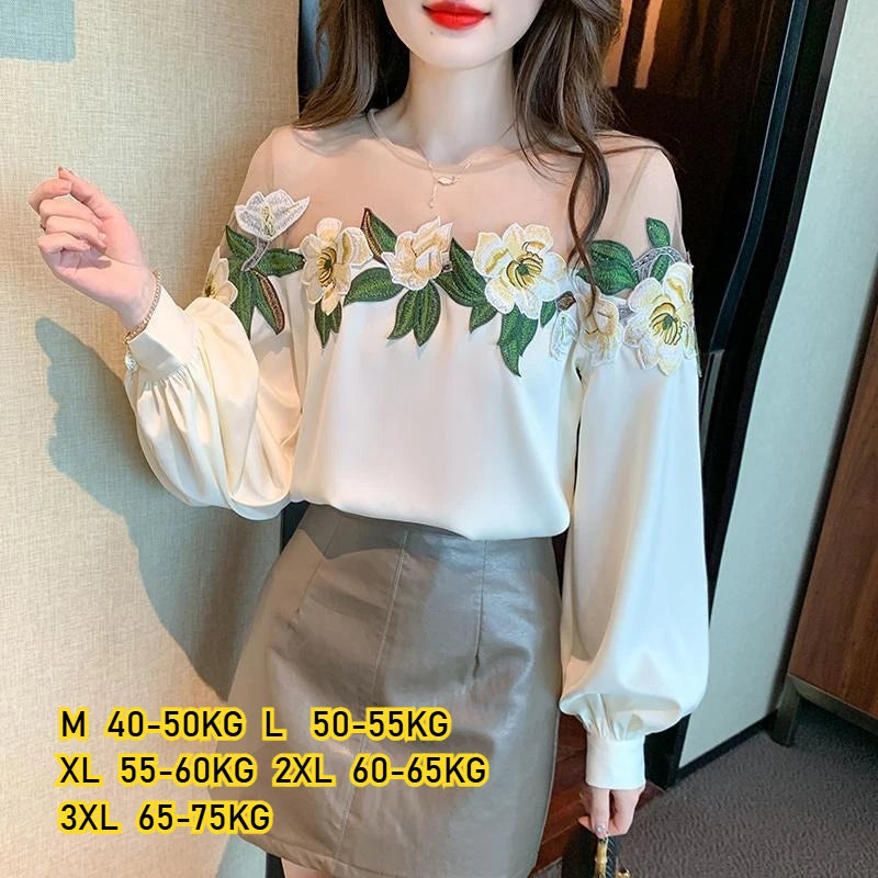 Fashion Women's Blouse Shirt Patchwork Long Sleeve Mesh Perspective Embroidered Flowers Chiffon Shirt Sexy Apricot Floral Shirt